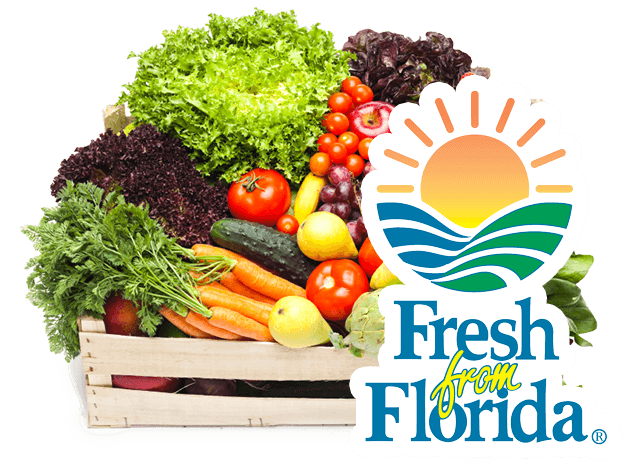 a basket of produce behind the Fresh from Florida logo