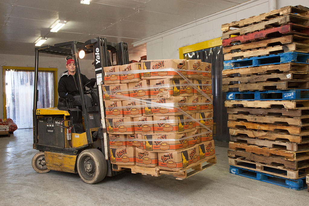 young man operating a forklift with boxes of fresh produce