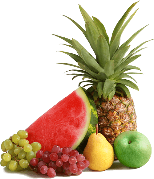 an arrangement of fruit including pineapple, a sliced watermelon, red and green grapes, a yellow pear, and a green apple